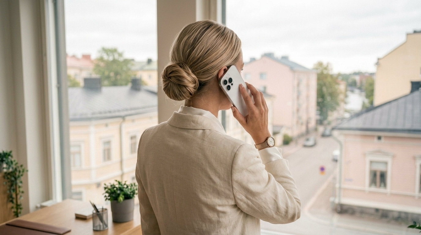 Rådgivare med utsikt över staden under ett telefonsamtal